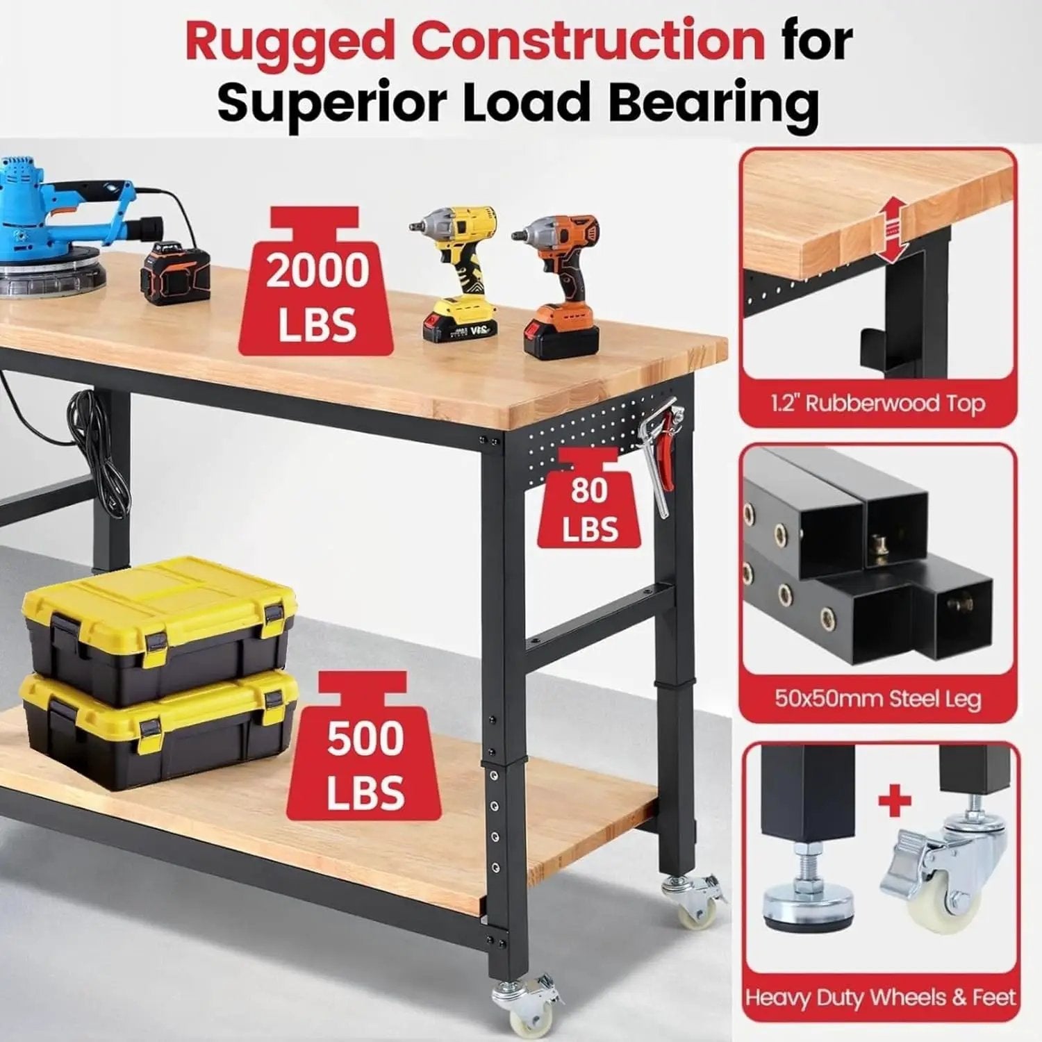 Work Bench with Double Layers 60 x 22 Inch Heavy Duty Rubberwood Tabletop Work Table Adjustable Height Workbench with Wheels, Sided Pegboard, Power Outlets for Garage Home Office by GreenHaven Gardens