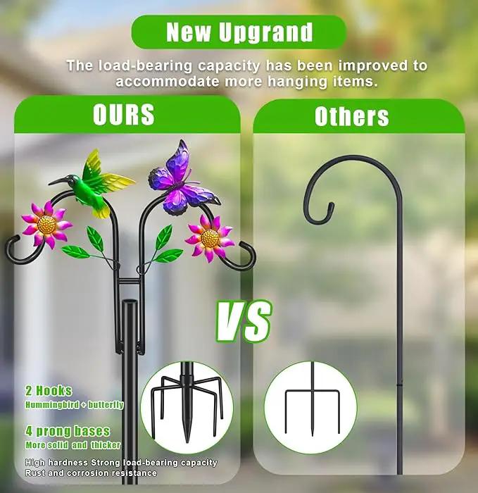 Double Shepherds Hooks for Outdoor, Artistic Hummingbird & Flower Design, 5 - Prong Base, Ideal for Bird Feeders, Baskets & Lanterns (1 Pack) by GreenHaven Gardens