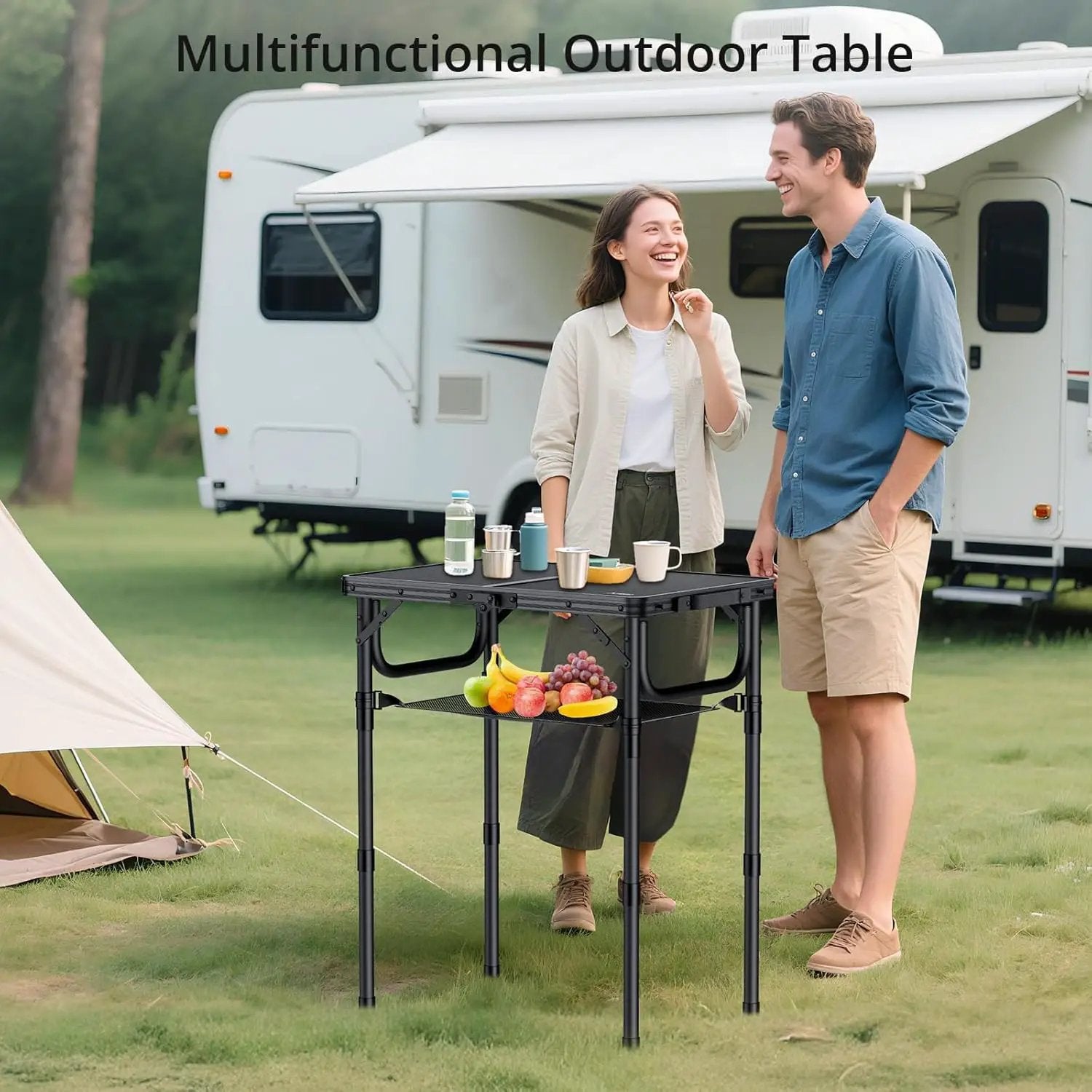 Folding Camping Table with Storage Net, Pure Black Aluminum 2ft Picnic Table 23.2" x 16" Outdoor Table Adjustable Height Max 27.5", Lightweight, Waterproof, Portable Handle for Travel Cooking by GreenHaven Gardens