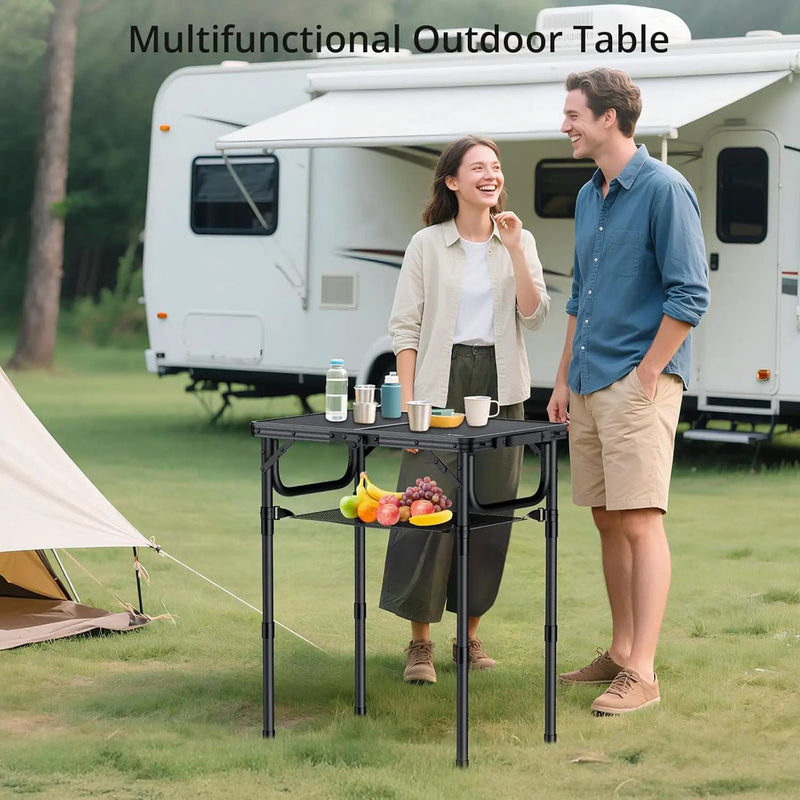Folding Camping Table with Storage Net, Pure Black Aluminum 2ft Picnic Table 23.2" x 16" Outdoor Table Adjustable Height Max 27.5", Lightweight, Waterproof, Portable Handle for Travel Cooking by GreenHaven Gardens