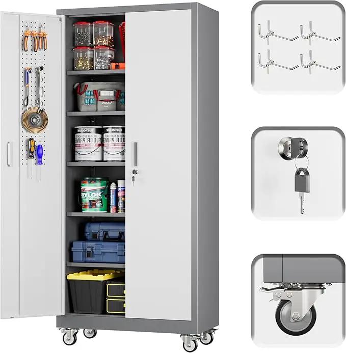 71" H×32" W×16" D Garage Storage Cabinet with Wheels & Pegboard, Locking Metal Storage Cabinet with Doors and 5 Adjustable Shelves & & 4 Hooks for Garage Warehouse Home Office, White and Gray by GreenHaven Gardens