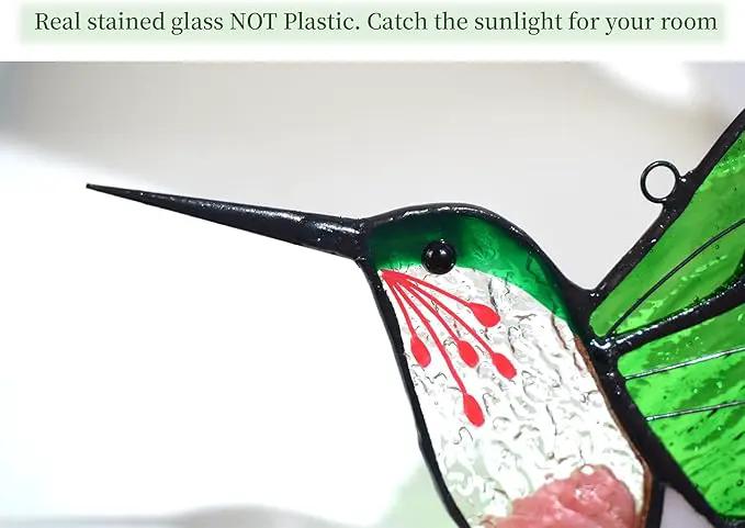 Lolitarcrafts Stained Glass Hummingbird Window Hangings with Flowers, Bird Stained Glass Suncatcher for Window Decor Hummingbird Gifts for Mom,Bird Lovers (Green with Flower A) by GreenHaven Gardens