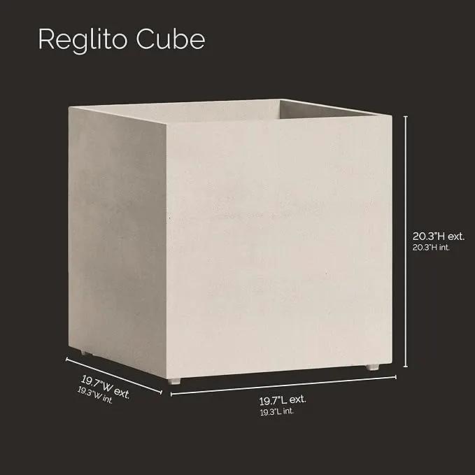 Reglito Cube Planter – Fiberglass Indoor/Outdoor and Weather-Resistant Large Planter (Sand Stone, 19.7" L x 19.7" W x 20.3" H) by GreenHaven Gardens