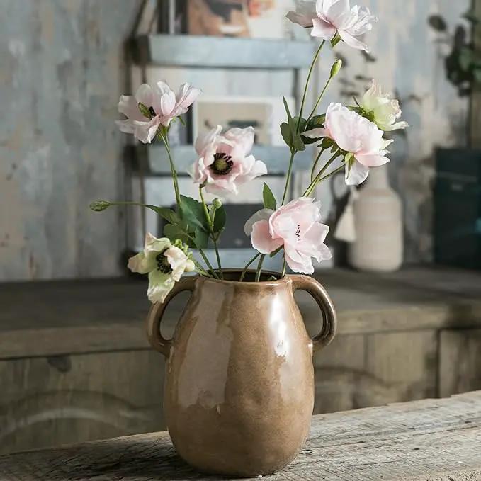 Brown Ceramic Vase with 2 Handles, Modern Farmhouse Decor, Rustic Terracotta Pottery, Decorative Flower Vases, Clay Small Vase, Centerpiece for Dining Table - 7 Inch Tall by GreenHaven Gardens