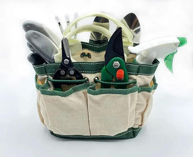 RyKing Small Garden Tool Set, 8 Piece Gardening Balcony Mini Kit Bag, Trowel Transplanter Hand Rake Pruner Snips Shovel Gloves Watering Spray, Stainless Steel Wooden Handles, Gift for Woman Men Kids by GreenHaven Gardens