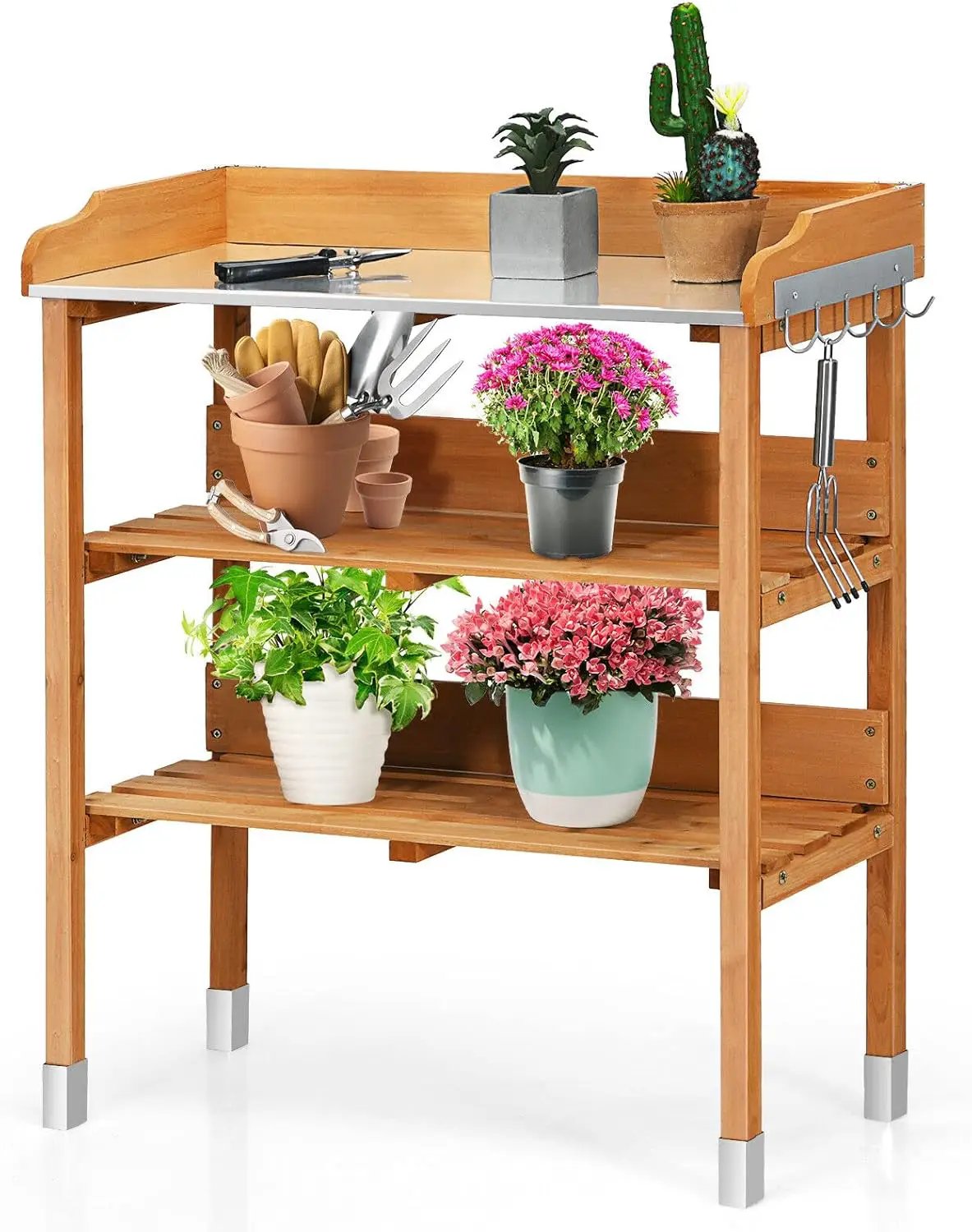 S AFSTAR Potting Bench, Work Station with Fir Wood Construction & Metal Tabletop, Garden Planting Table w/Open Shelves and Hanging Hooks, Gardening Table Potting Table for Outside Backyard Balcony by GreenHaven Gardens