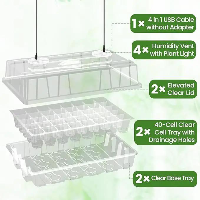 Bonviee 2-Pack Seed Starter Tray with Plant Light, Elevated Seedling Starter Trays Kits with Adjustable Humidity Domes and Clear Cell Tray, 12 Full Spectrum Led Lamp Beads for Plants Indoor-Clear by GreenHaven Gardens
