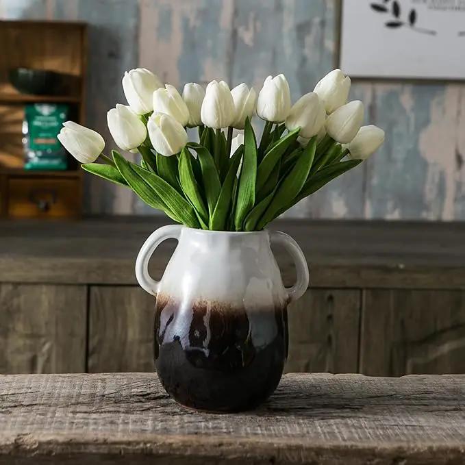 White Gradient Ceramic Vase with 2 Handles, Modern Farmhouse Decor, Rustic Terracotta Pottery, Decorative Flower Vases, Clay Small Vase, Centerpiece for Dining Table - 7 Inch Tall by GreenHaven Gardens