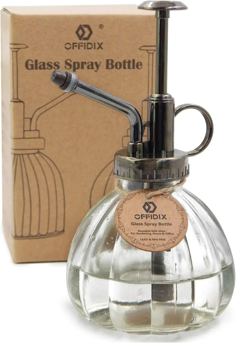 OFFIDIX Transparent Glass Watering Spray Bottle, 6.3 Inches Tall Vintage Style with Bronze Plastic Top Pump One Hand Plant Mister Glass Watering Can Indoor by GreenHaven Gardens