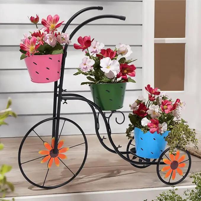 BAYN Bicycle Planter Stand, Metal Flower Pot Cart Holder with 3 Plant Bucket Outdoor Decorative for Patio, Deck, Garden or Lawn by GreenHaven Gardens