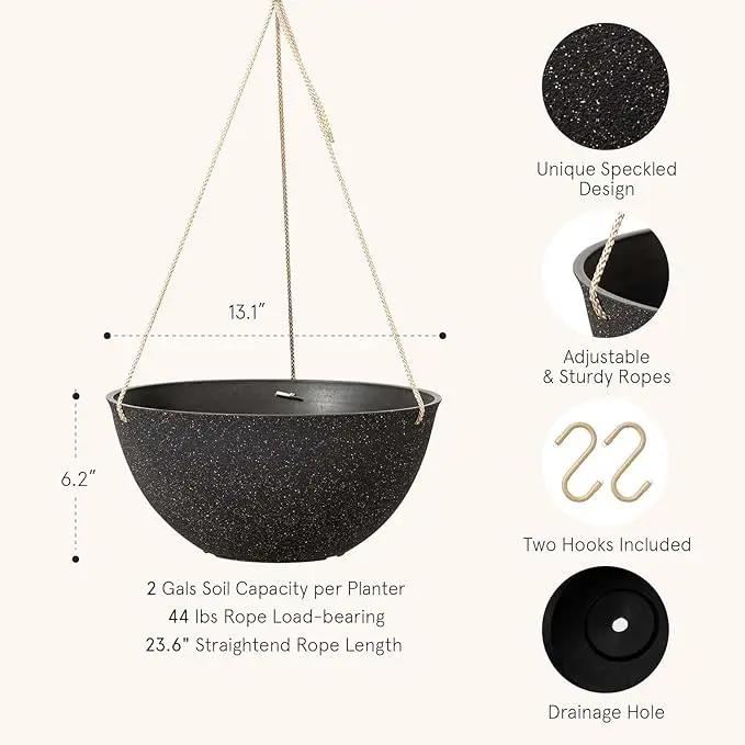 LA JOLIE MUSE Large Hanging Planters for Outdoor Plants - 13 Inch Hanging Basket for Patio Set of 2, Speckled Black by GreenHaven Gardens