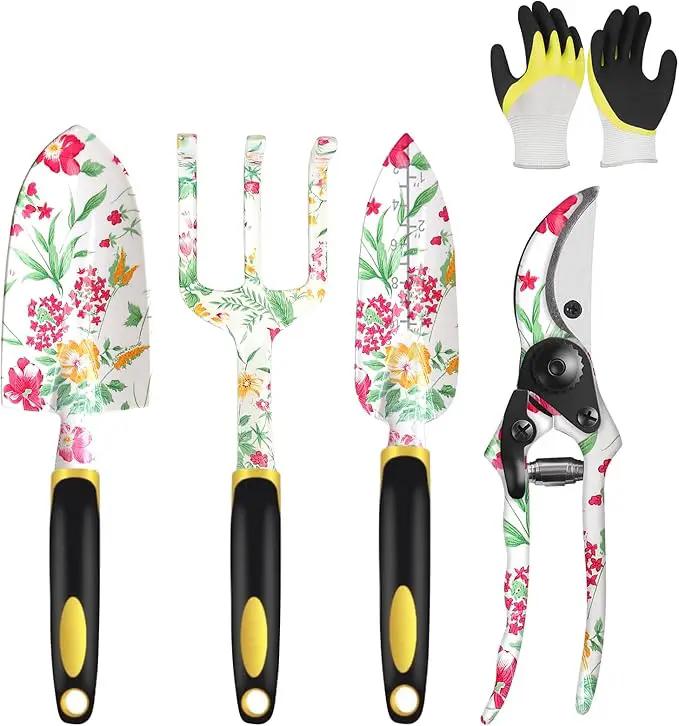 Garden Tools Set, Aluminum Alloy Garden Hand Tool 5 Piece Gardening Tools with Hand Rake, Hand Weeder, Transplant Trowel, Pruning Shears and Gardening Gloves for Outdoor Gardening Work by GreenHaven Gardens