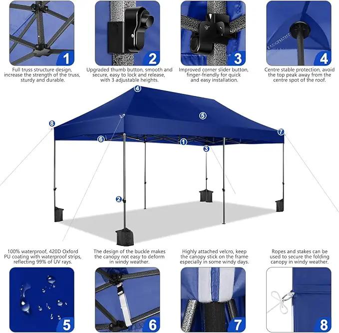 COBIZI 10x20 Pop up Canopy Heavy Duty Without Sidewalls, Easy Set-up Commercial Outdoor Party, 100% Waterproof Wedding Canopy Gazebo, 3 Height Adjustable with Wheeled Bag, Dark Blue by GreenHaven Gardens