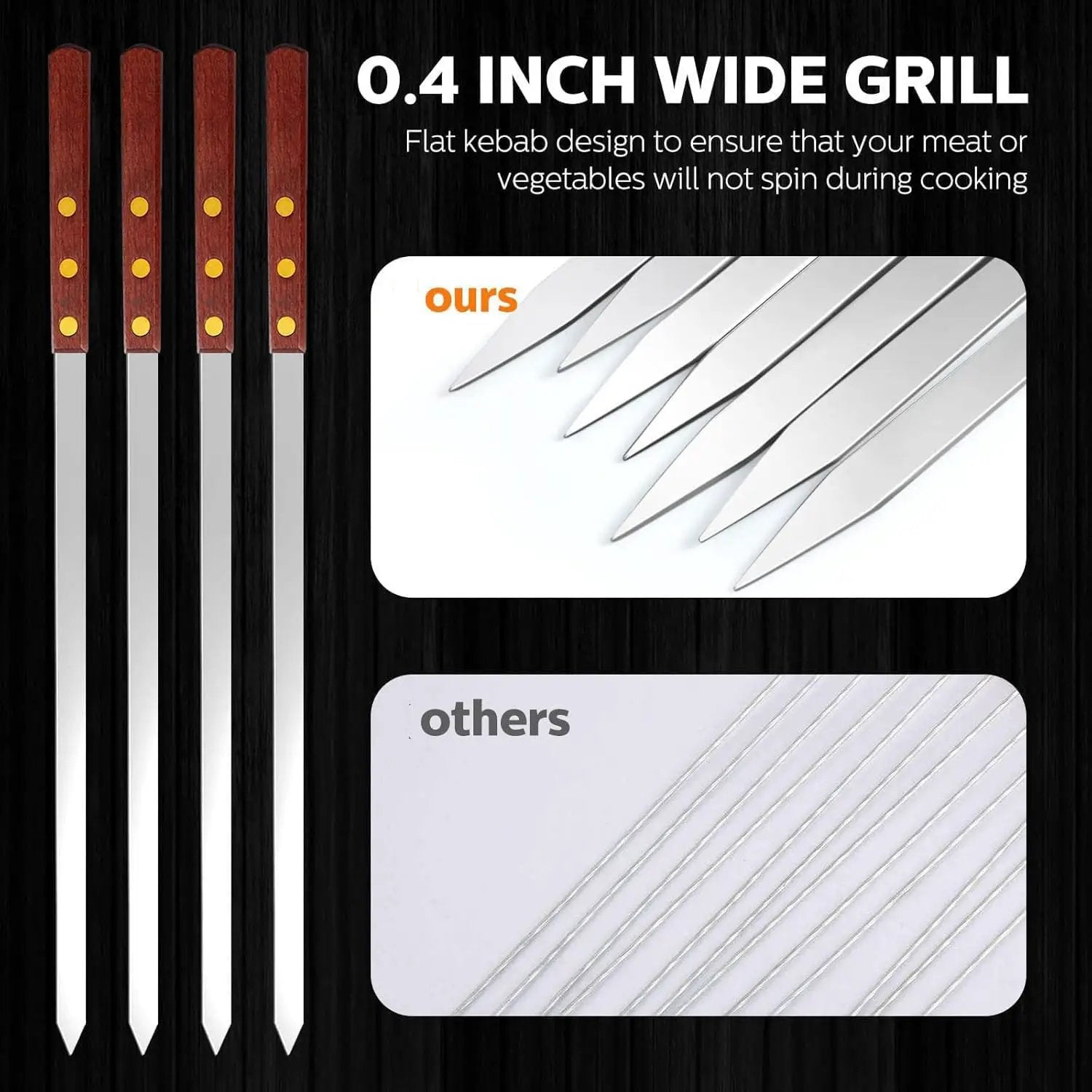 Cunhill 12 Pcs 17.7 Inch Kabob Skewers for Grilling 0.4 Inch Wide Flat Blade Thin Stainless Steel Kabob Sticks Long Barbecue Reusable Metal BBQ Skewers with Wood Handles for Tailgate Party Outdoor by GreenHaven Gardens