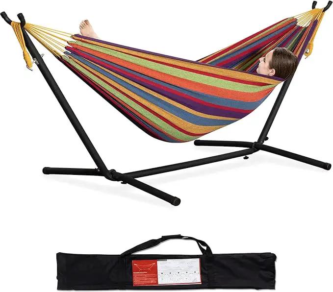 PNAEUT Double Hammocks with Stand for Outside, Portable Space Saving Heavy-Duty Steel Stand for Indoor Outdoor Patio with Carrying Bag, 450 lbs Capacity (Tropical) by GreenHaven Gardens