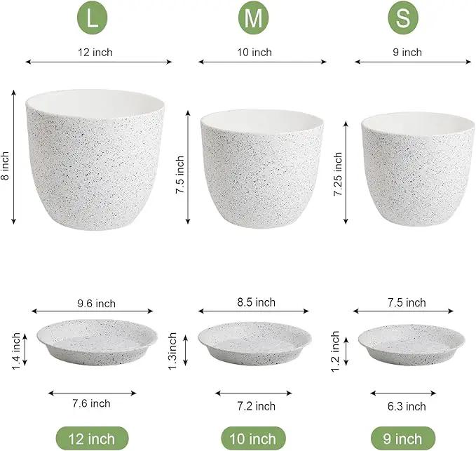 12/10/9 Large Modern Plant Pots, Plastic Planters with Drainage Holes and Saucers for Indoor Outdoor Plants Flowers, White Speckles by GreenHaven Gardens