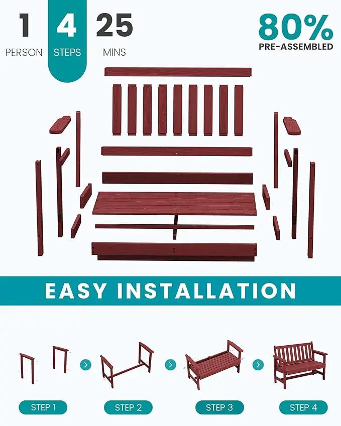 SERWALL Outdoor Bench, HDPE Outdoor Benches Weatherproof, 2-Person Garden Bench with 660 lbs Weight Capacity, Patio Benches for Outdoors, Garden, Porch, Backyard and Park, Red, 2 Pack by GreenHaven Gardens