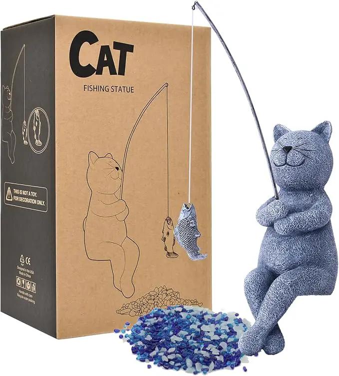 Goodeco Fishing Cat Garden Statue – 10" Little Cat Fisher for Garden Pond Decor, Poolside Statue with Glow in Dark Pebbles Included,Great Gifts for Mom, Women & Birthdays (Cat) by GreenHaven Gardens