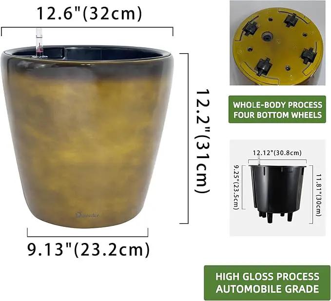 Dexceder 13x12 Self Watering Planter with Wheels Indoor Outdoor, Inner Pot Design, Thickened Large Floor Standing Flower Plant Pot with Water Level Indicator (Yellow Brown Gradient) by GreenHaven Gardens