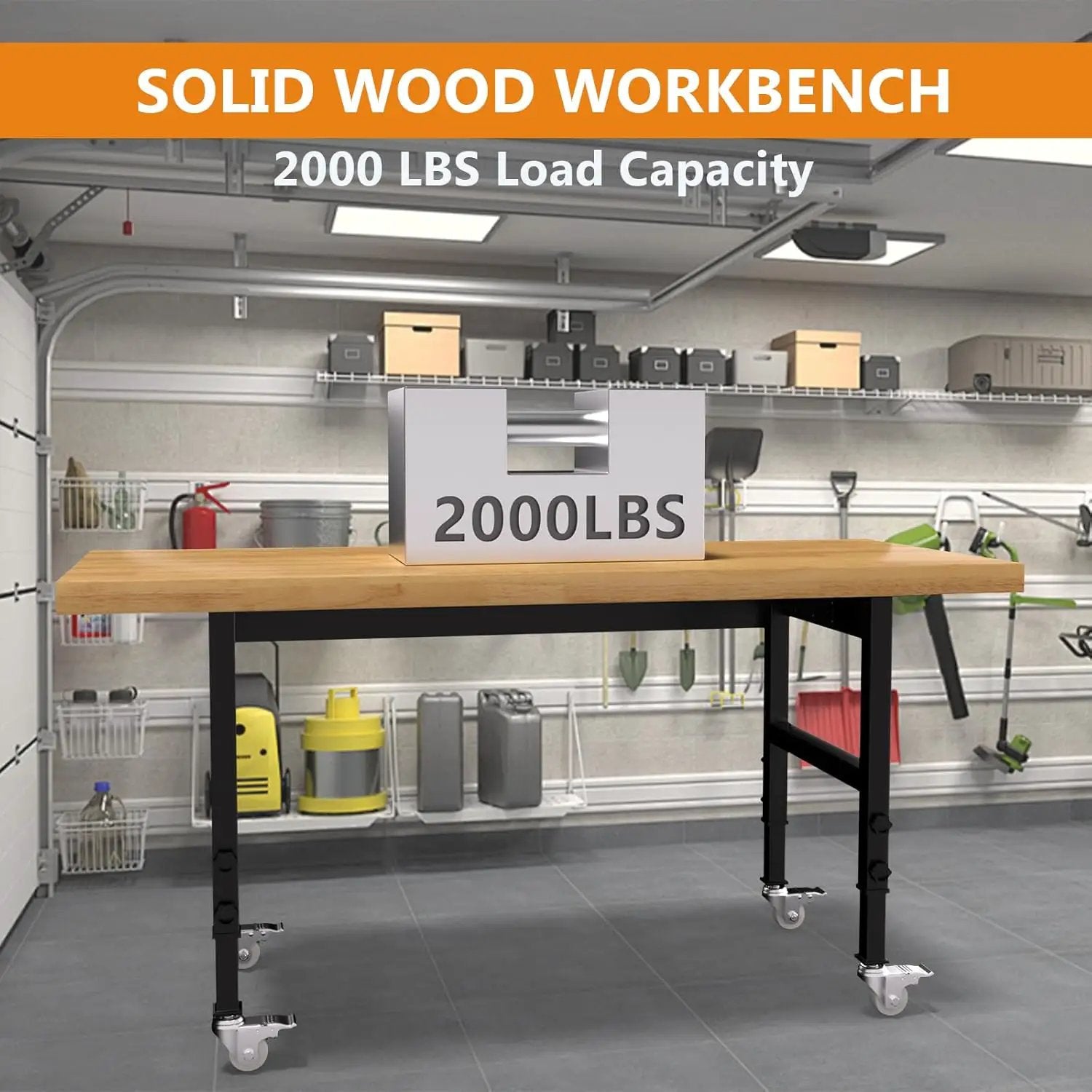 60" Adjustable Height Workbench with Wheels, Heavy-Duty Solid Wood Work Table with Power Outlets, 2000 LBS Capacity Workstation for Garage, Workshop(60" X 24") by GreenHaven Gardens