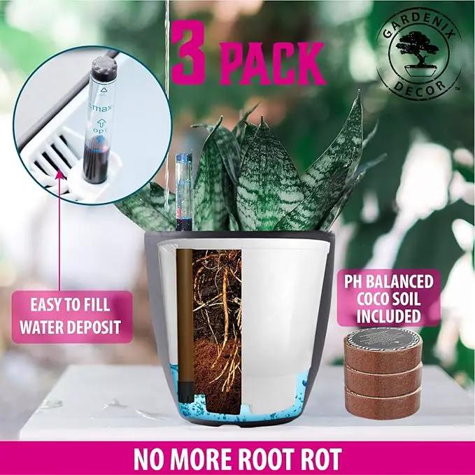GARDENIX DECOR 7'' Self Watering planters for Indoor Plants - with Water Level Indicator for Flower Pot , Grow Tracking Tool - Coco Coir - Gray 3 Pack by GreenHaven Gardens