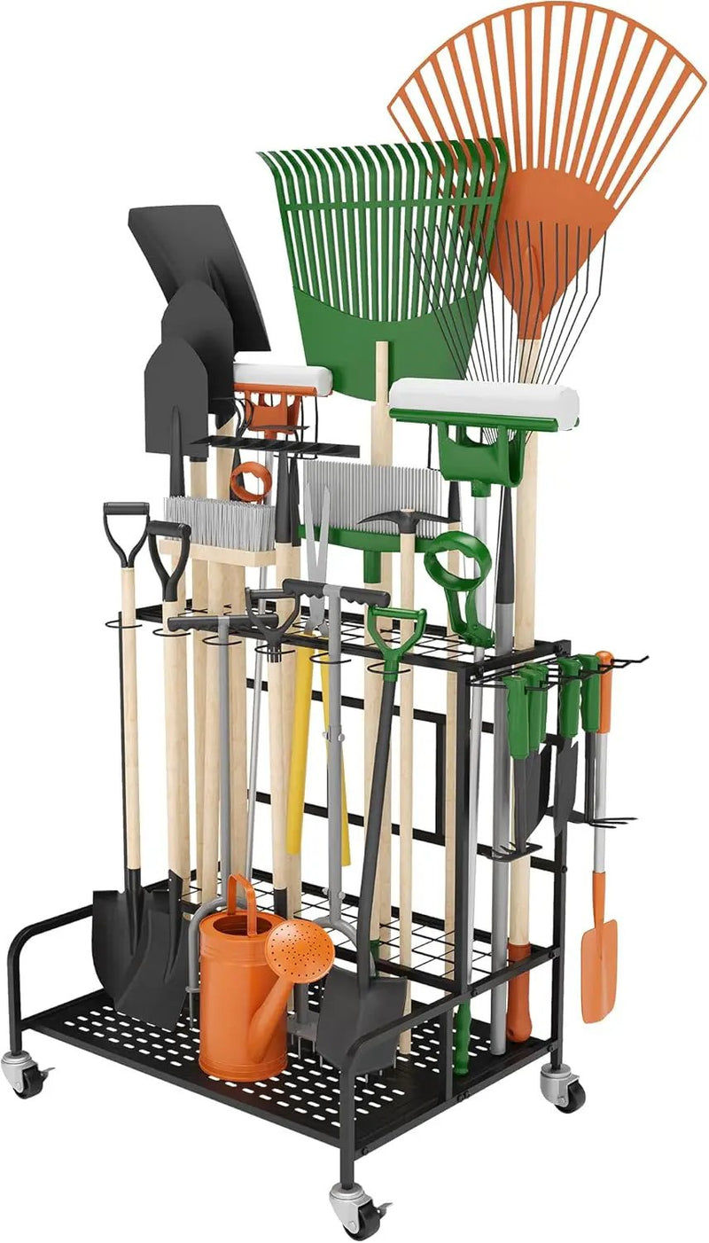 Garden Tool Organizer Rack with Wheels Up to 39 Tools, Heavy-Duty Steel Yard Tool Organizer for Garage Storage with 12 Hooks, Broom Holder & Garden Tool Rack for Shed, Patio, Outdoor Use, Black by GreenHaven Gardens
