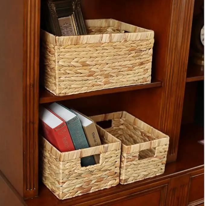 Storage Baskets,Woven Natural Water hyacinth Box with Handle,Kingwillow.(Set of 3) by GreenHaven Gardens