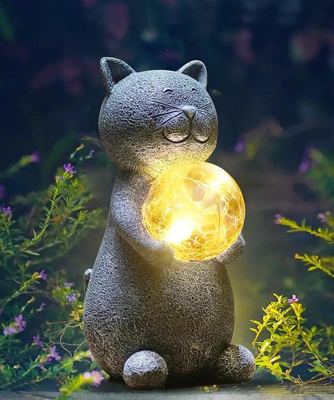 Solar Cat Statue Garden Decor - Cat Lover Gifts, with Gazing Solar LED Lights Ball Cat Decoration for Garden Yard Patio Lawn Balcony - Gifts for Mom Grandma (Gray Cat) by GreenHaven Gardens