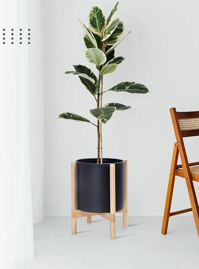 D'vine Dev Planter Pot with Stand - 12 Inch Plastic Cylinder Flower Pot with Wood Planter Holder for Indoor, Matte Black Pot + Natural Stand, 55-C-P-2 by GreenHaven Gardens