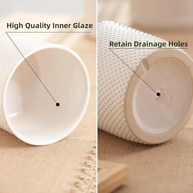 8 Inch Plant Pots: Ceramic Planter with Drainage Hole & Saucer - Flowerpot for Indoor & Outdoor Plants - Beaded Embossed Design White - with Separate Tray by GreenHaven Gardens