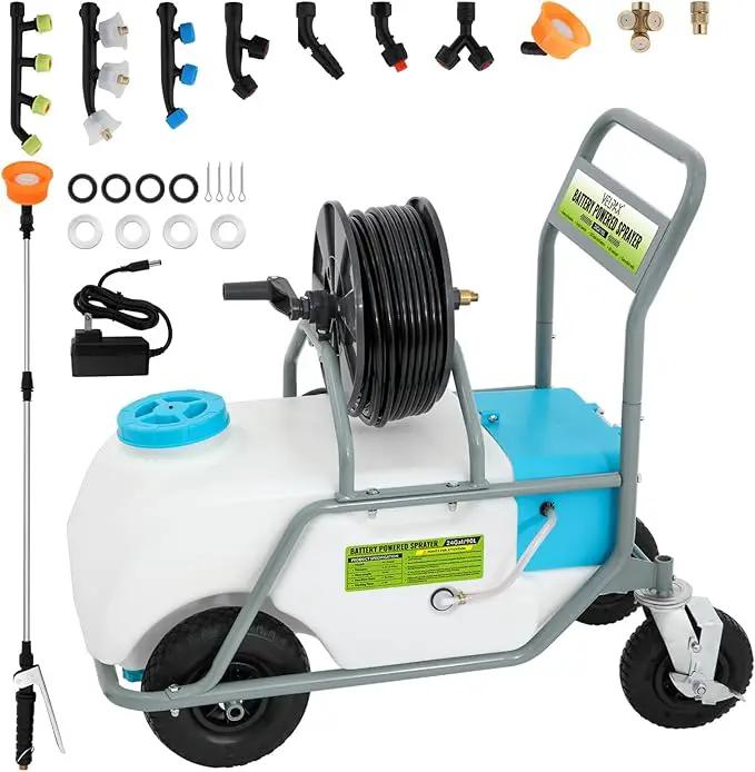 24 Gallon Battery Powered Sprayer,90 PSI Electric Pump,6 Hours Long Battery Life,12V 8Ah Battery,Adjustable HD Wand and 10 Nozzles,Portable Sprayer with Wheels for Lawn & Garden Spraying, Cleaning by GreenHaven Gardens
