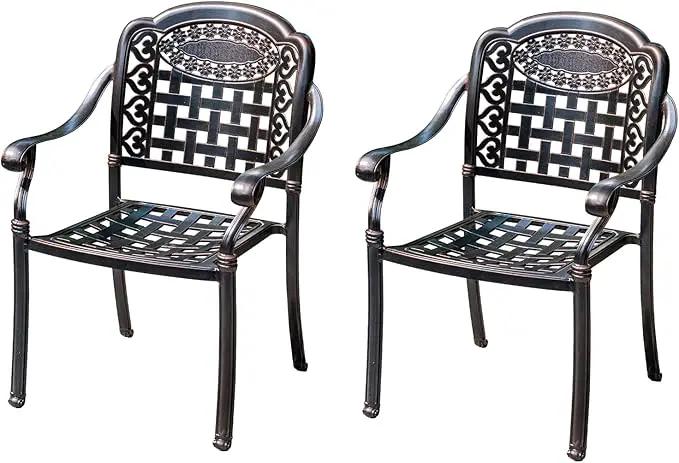 Outdoor Dining Chair Cast Aluminum Patio Chairs Set of 2 All-Weather Patio Dining Chair with Adjustable Feet for Backyard Garden (Square Lattice Chair) by GreenHaven Gardens