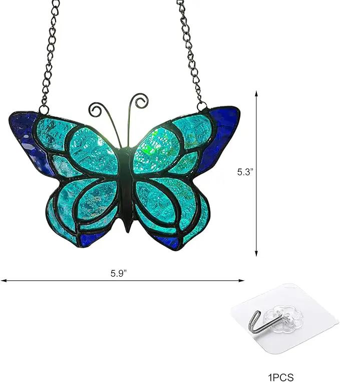 Blue Butterfly Suncatcher Stained Glass Window Hanging Panel Christmas Decor,Glass Butterfly Gift for Mom, Women 5.9×5.3Inch by GreenHaven Gardens