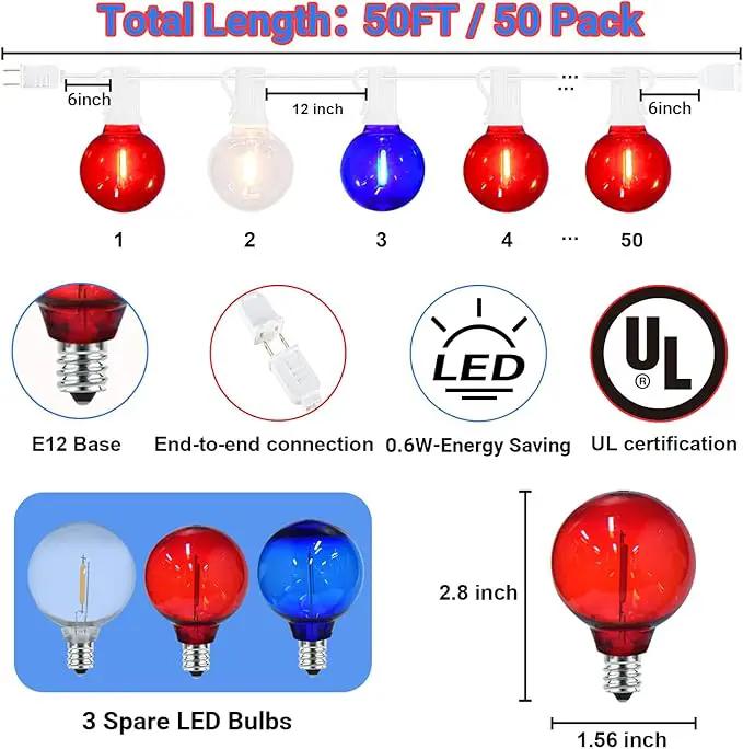 50FT G40 Red White and Blue Lights, 4th of July Decorations Lights Plug in with 50+3 LED Bulbs, Patriotic Decor Indoor Outdoor String Light for Party Patio Garden Bistro Independence Day Memorial Day by GreenHaven Gardens