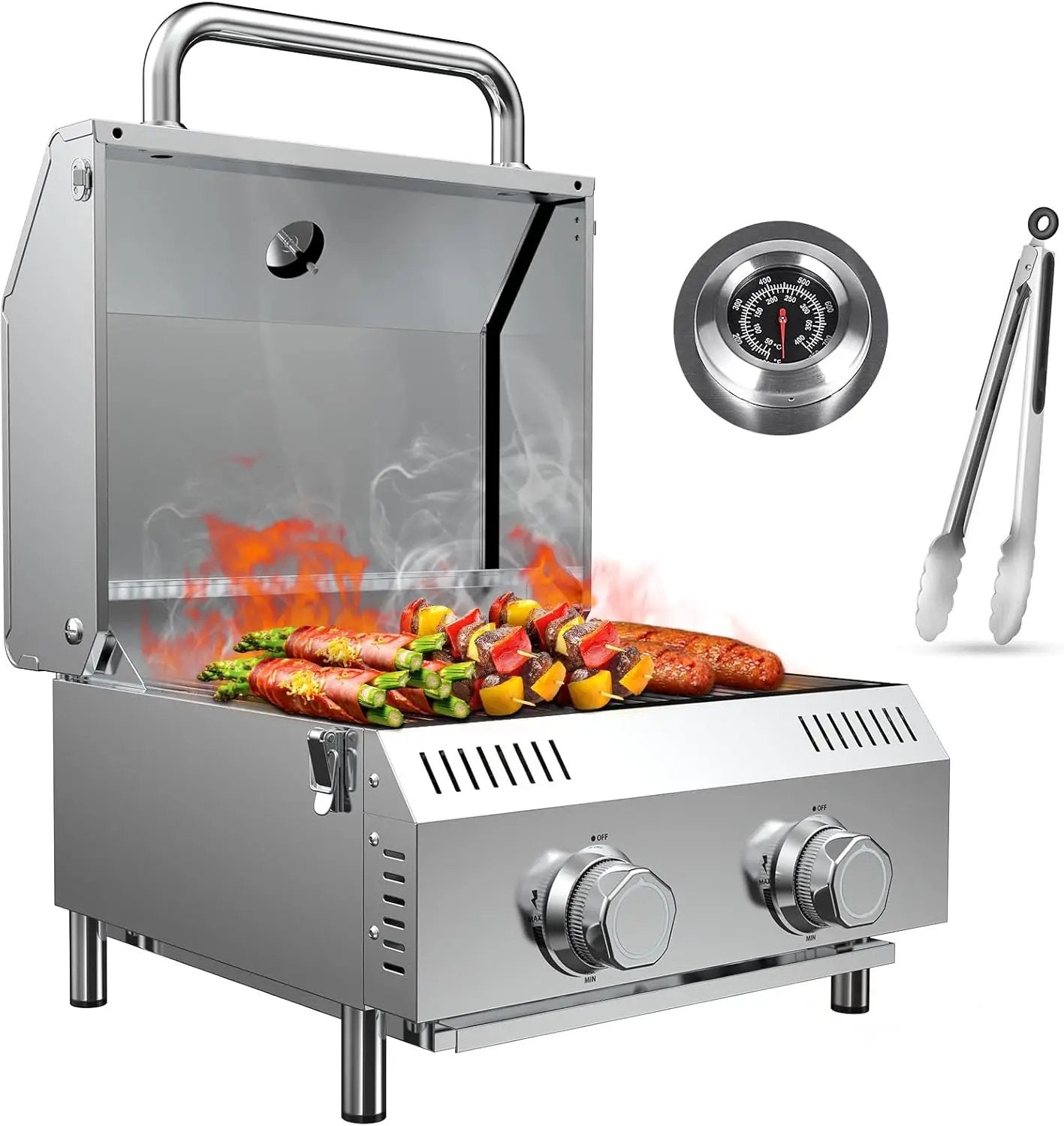 Llamaviva 2 Burners Tabletop Gas Grill, 20,000 BTUs Portable Stainless Steel Propane Grill with Legs for Tailgating, Outdoor Patio Backyard Camping, and RV Trips - food clip by GreenHaven Gardens