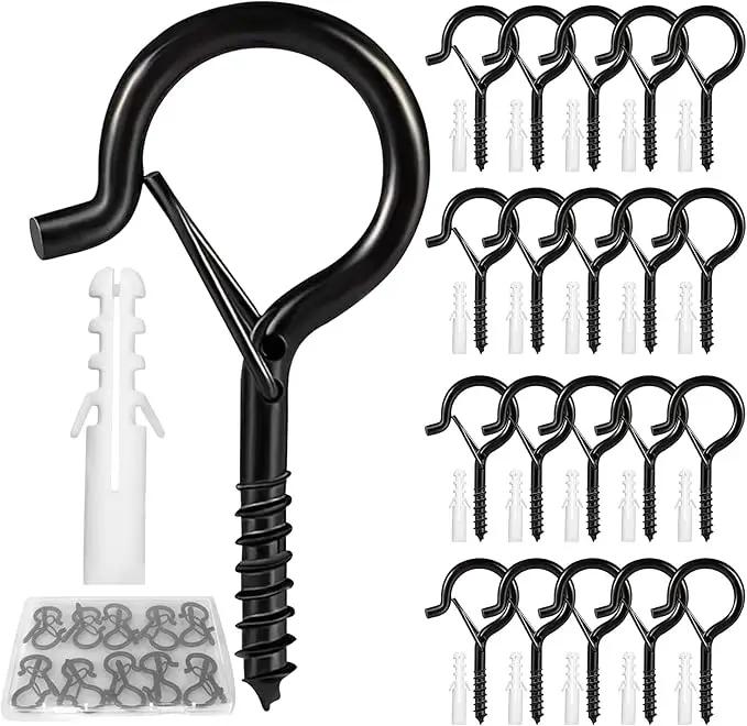 Hooks for Outdoor String Lights, 20 Pack Cup Screw Hooks for Hanging Plants Fairy Led Party Christmas Lights Garage Wind Chimes Black Q Hanger with Safety Buckle Design Easy to Release by GreenHaven Gardens
