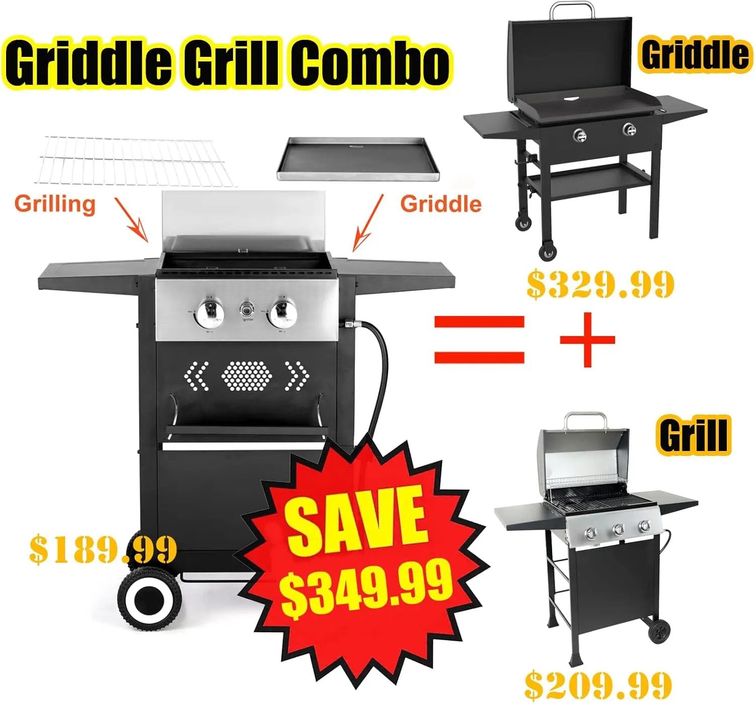 GREEN PARTY 2 Burner Griddle Grill Combo, 2 in 1 Propane Gas BBQ Grill w/Cast Iron Plate, 20,000 BTU Output Small Flat Top Propane Barbecue Grill for Camping, Patio, Backyard, Balcony by GreenHaven Gardens