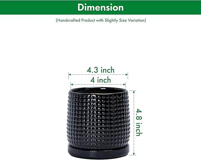 D'vine Dev 4 Inch Ceramic Beaded Stoneware Planter Pot - Flower Pot with Drainage Holes and Saucers for Indoor Succulent Plants or Flowers, Glossy Black, 27-C-Z-2 by GreenHaven Gardens