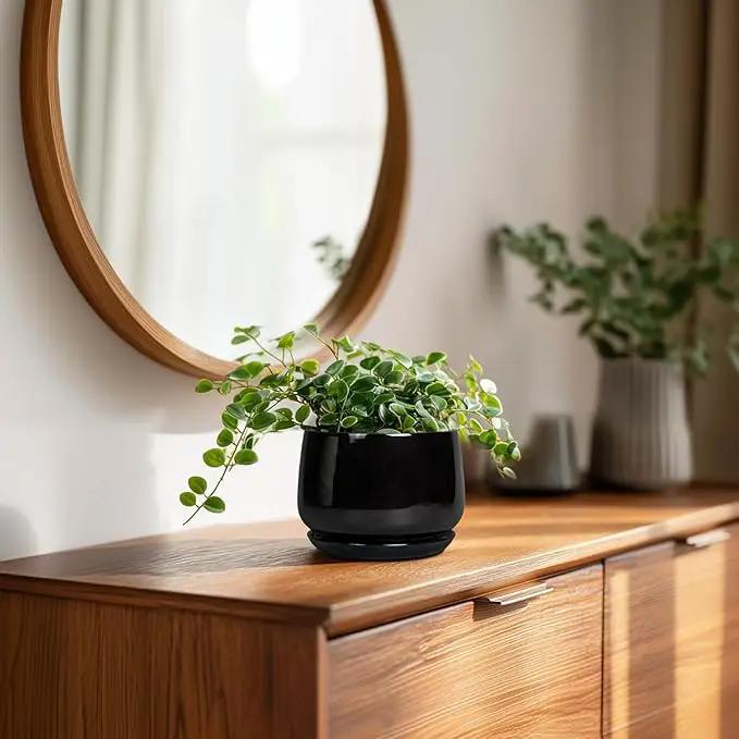 G EPGardening Small Ceramic Planter - 4 Inch Succulent Pots with Drainage Hole & Sacuer, Flower Pots for Indoor Outdoor Plants, Modern Decorative Round Planter, Room Decor, House Warming Gifts, Black by GreenHaven Gardens