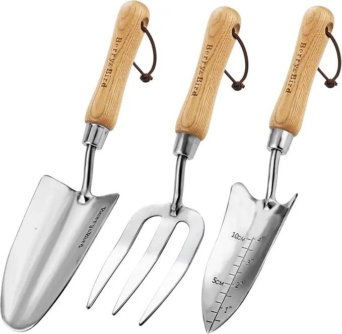 Berry&Bird Garden Tool Set- 3PCS Stainless Steel Gardening Tool Sets with Wooden Handle Trowel Weeding Fork & Digging Shovel Hand Tool Kit for Planting, Ideal Gardening Gift for Women & Men by GreenHaven Gardens