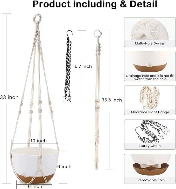 10 Inch Hanging Planter, 2 Pack Hanging Plant Self Watering Pot with Drainage Holes and Saucers, Hanging Baskets Flower Pots with Macrame Rope Hangers for Garden Home -White by GreenHaven Gardens