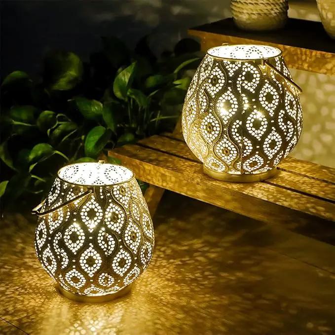 TRIROCKS Set of 2 Moroccan Decorative Lamps 8'' High Battery Powered Cordless Lamp Metal Table Lamps with Fairy Lights Bulb for Home Living Room Garden Yard Party Events Tabletop Indoor Outdoor(White) by GreenHaven Gardens