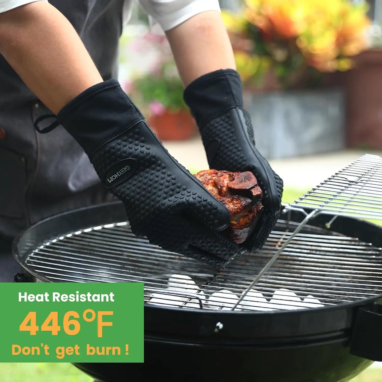 GEEKHOM BBQ Gloves, Grilling Gloves Heat Resistant Oven Gloves, Kitchen Silicone Oven Mitts, Long Waterproof Non-Slip Pot Holder for Barbecue, Cooking, Baking, Black by GreenHaven Gardens