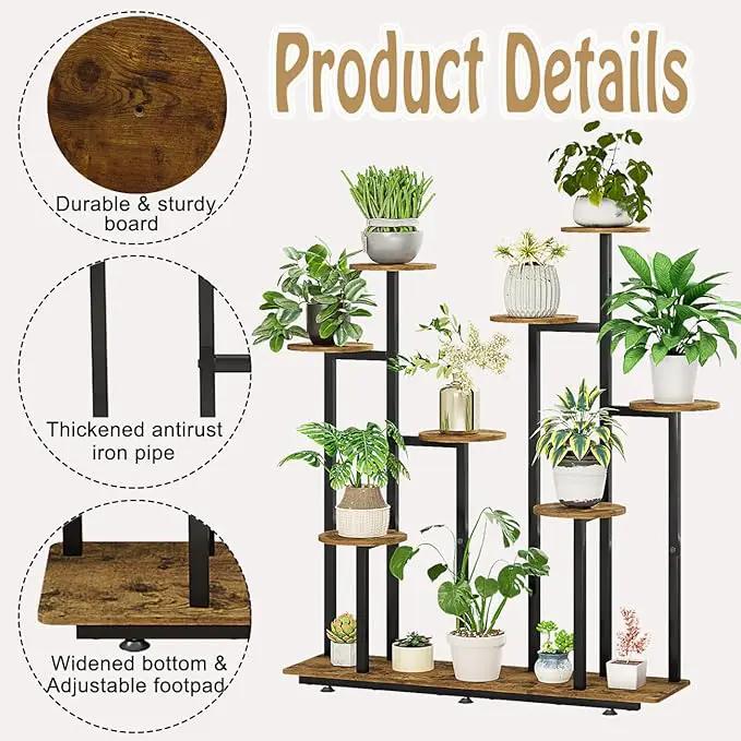 Plant Stand Indoor 9 Tier 11 Potted Multiple Flower Pot Holder for Patio Garden Balcony Living Room Corner (9 Tier Black+Rustic Brown) by GreenHaven Gardens