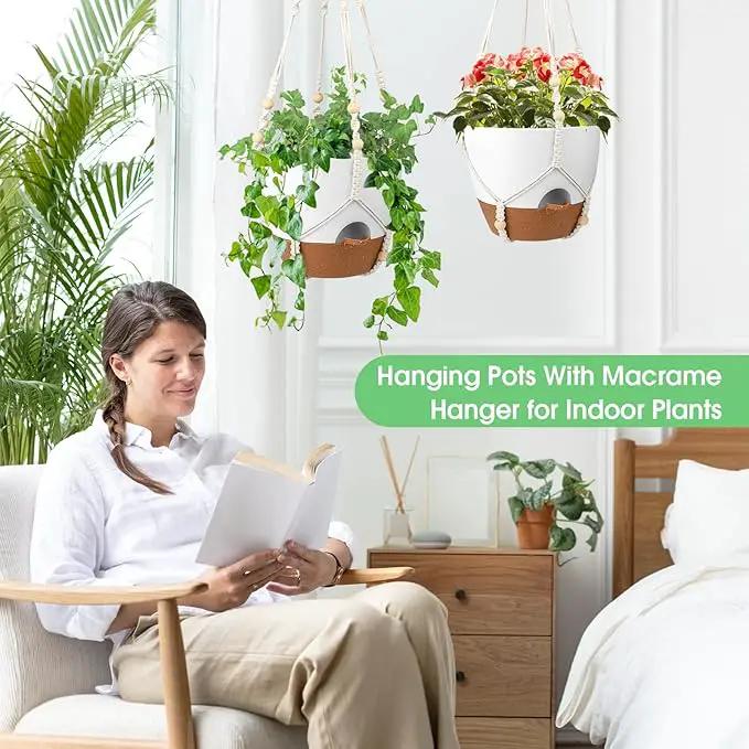 Hanging Planters for Indoor Outdoor Plants, 2 Pack Self Watering Hanging Pot with Drainage Holes, Removable Tray & 2 Kinds of Plant Hangers, 10'' Hanging Flower Pots for Home Garden Decor, White by GreenHaven Gardens