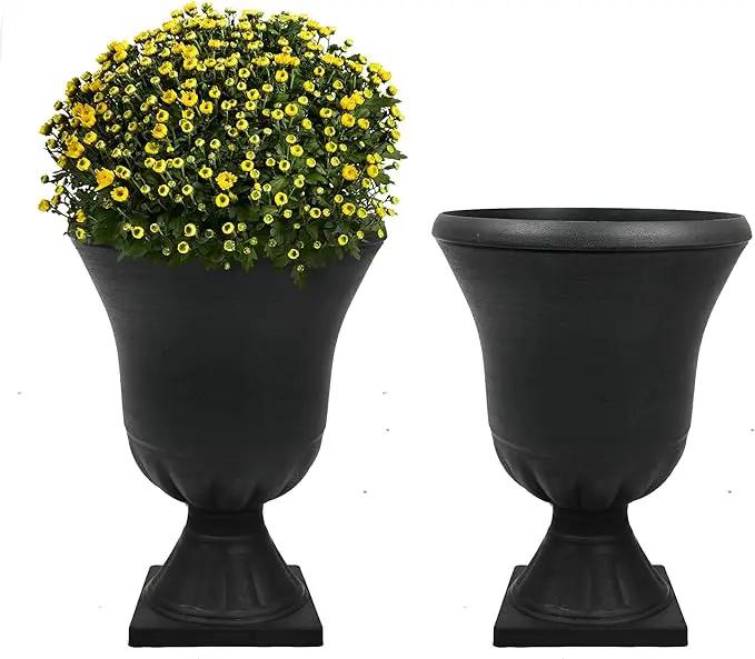 Worth Garden 2-Pack Plastic Urn Planters for Outdoor Plants, 22'' Black Tall Round Classic Resin Traditional Flower Pots - 15 in. Dia. Large Imitation Stone Decorative Pot Patio Deck Front Porch by GreenHaven Gardens