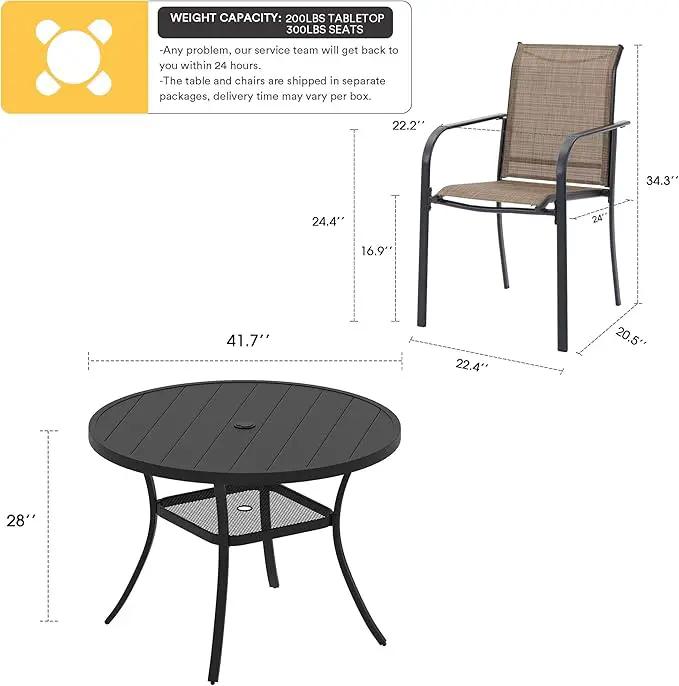 VICLLAX Patio Dining Set for 4, Outdoor Furniture Set Includes 41.2" Round Patio Table and 4 Patio Sling Chairs, Black Tabletop and Brown Fabric by GreenHaven Gardens