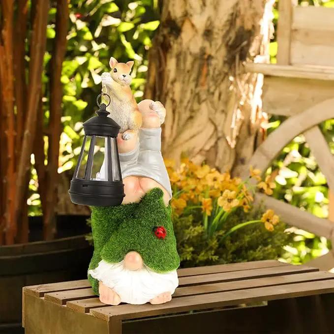 Garden Gnome with Squirrel Outdoor Statue,Flocked Gnome Statue Holding Lantern with Solar Lights,Outdoor Gnomes Decorations for Yard Patio Lawn Porch,Gifts for Mom by GreenHaven Gardens