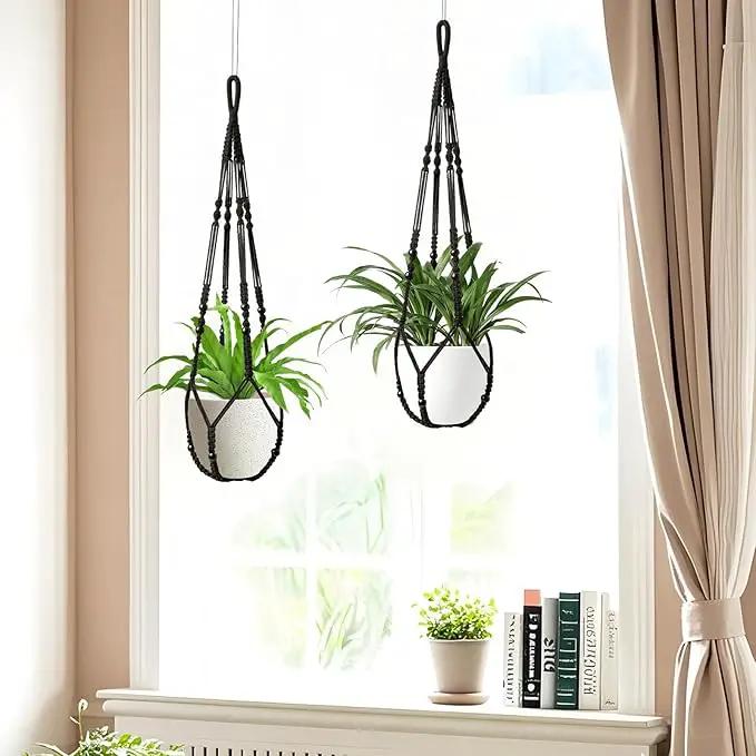 Macrame Plant Hanger Indoor Set of 2 with 4 Hooks, Indoor Outdoor Hanging Planter for Plants Holder with Decorative Wood Beads & No Tassels, Boho Home Decor, 35 Inch Black (Pots Not Included) by GreenHaven Gardens