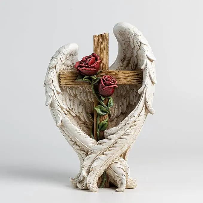 12" Angel Wings Embracing Cross and Rose Garden Statue Memorial Statue for Beloved one by GreenHaven Gardens
